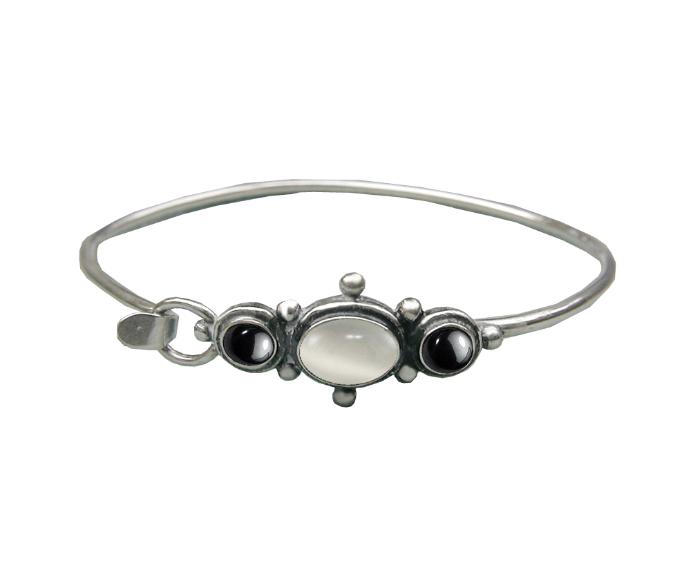 Sterling Silver Strap Latch Spring Hook Bangle Bracelet White Moonstone And Hematite